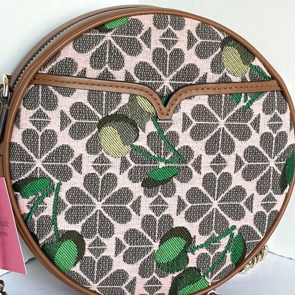 Kate Spade Cherry Jacquard Canteen Round Crossbody Brown Floral Leather - Picture 7 of 13